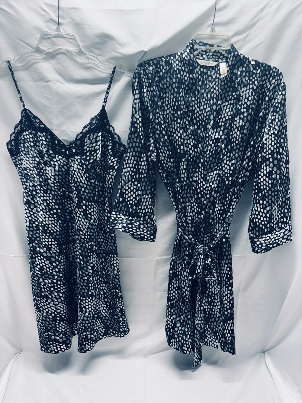 Ambrielle Black/White Polka Dot Nightgown Lace Trim W Matching Robe/Belt-Sz Med